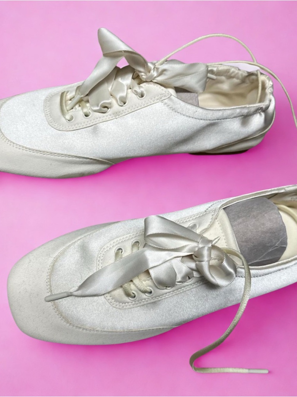 Satin Ribbon Lace-Up Flats in Cream